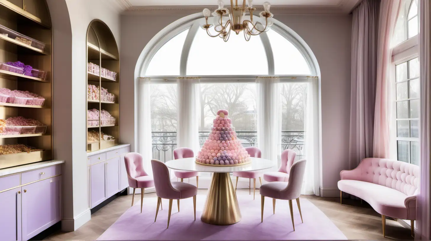 modern Parisian large candy pantry; beige, pink, lilac, brass colour palette; arched floor to ceiling windows with sheer curtains; chandelier; brass shelves; oak flooring; fairy floss; gumballs; lollipops;

