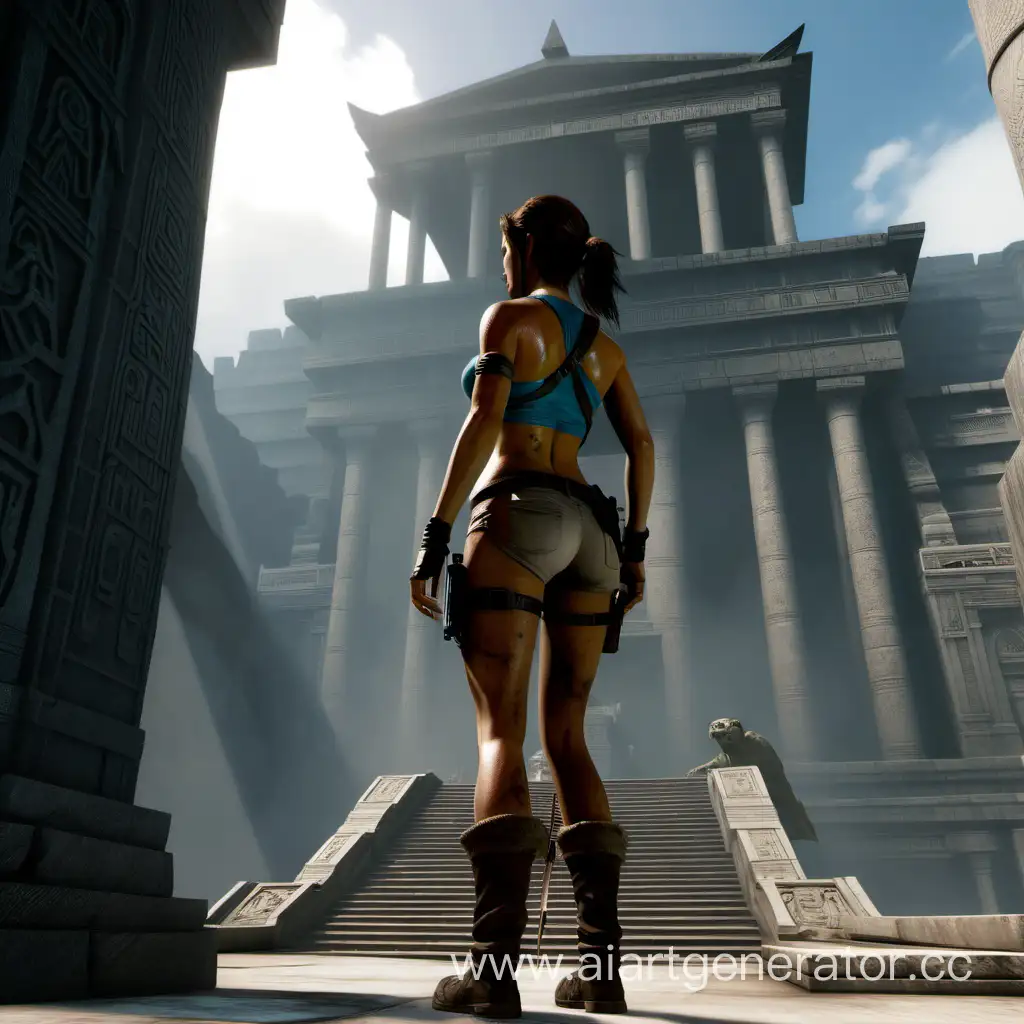 Лара Крофт в обтягивающем костюме стоит боком вдали храм где находится голая статуя монстра