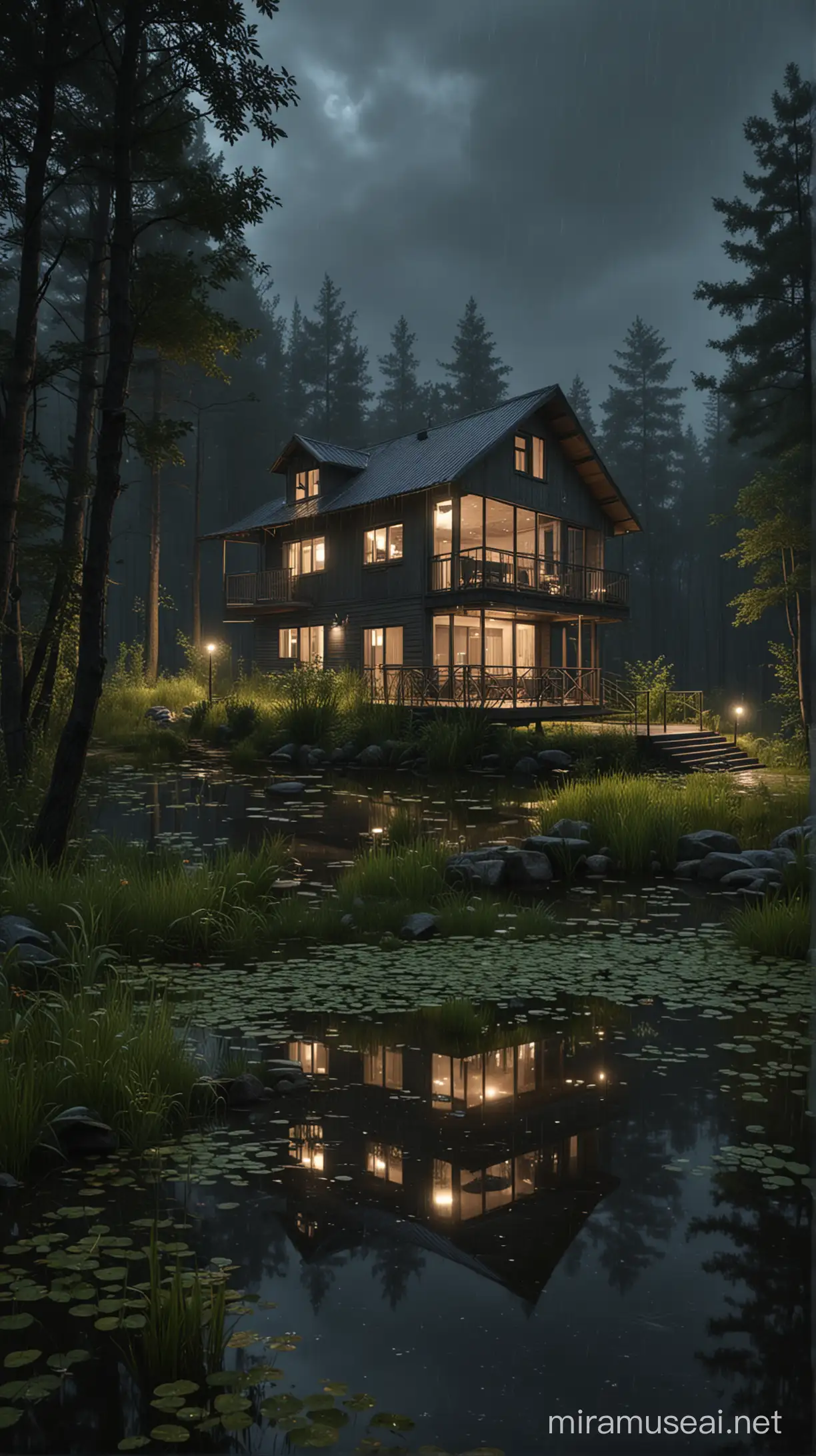 Rumah di hutan ada kolam . Suasana hujan malam tampak mendung langit gelap. Realistic