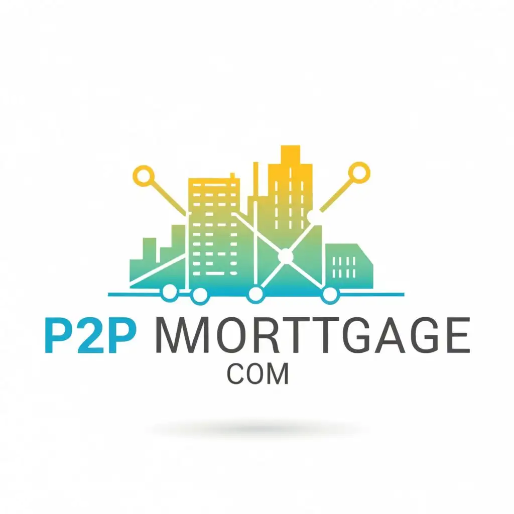 logo, A stylized outline of a city skyline merged with a digital computer network, with the text "P2PMortgage.com" typography spelled correctly, pure white background, be used in Finance industry