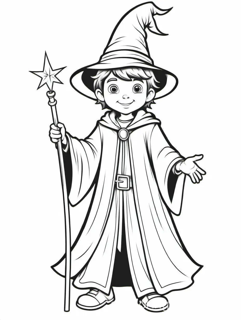 a boy dressed as a wizard, Coloring Page, black and white, line art, white background, Simplicity, Ample White Space. The background of the coloring page is plain white to make it easy for young children to color within the lines. The outlines of all the subjects are easy to distinguish, making it simple for kids to color without too much difficulty