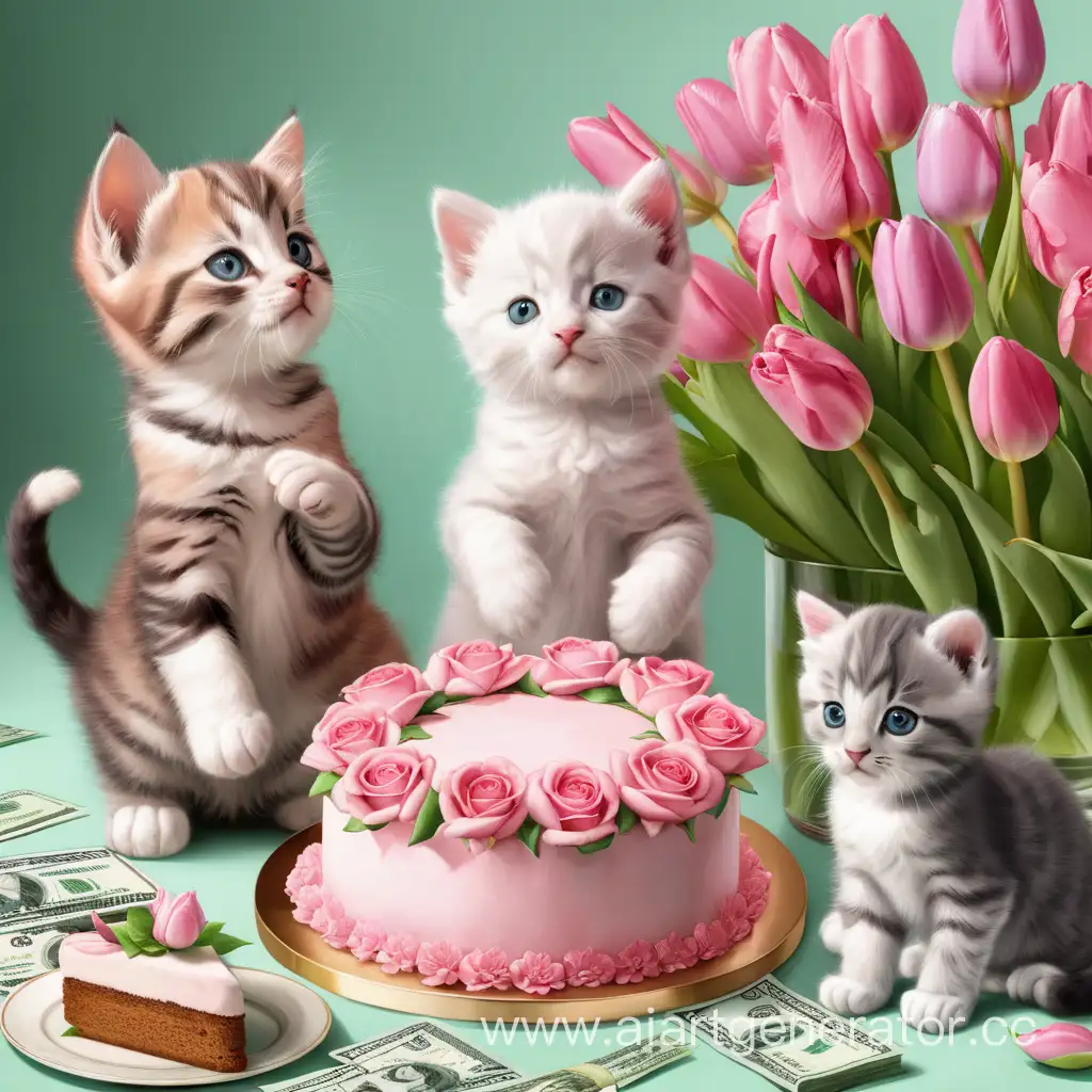 Spring-Celebration-with-Roses-Tulips-and-Kittens-Enjoying-Cake