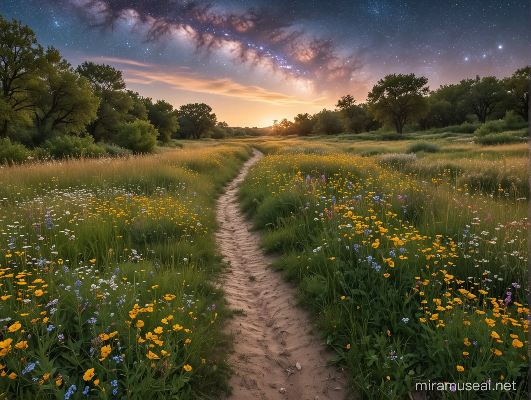 một con đường mòn chạy dọc thảo nguyên, hai bên nhiều hoa lá, đi tới vũ trụ, tuyệt đẹp