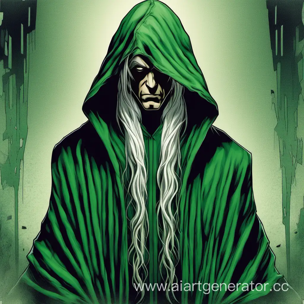 Худой мужчина с длинными белыми волосами в капюшоне который прячет его лицо в зелёной порванной робе