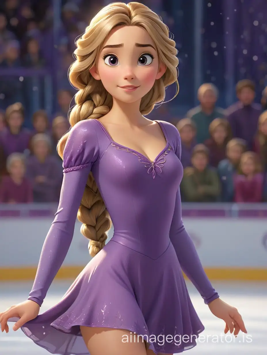 Disney animation style, Rapunzel , perfect face, short shiny dress, purple  spandex dress, narrow and long sleeved dress, on an ice skating rink with many spectators, hair braid, brown eyes, white figure skating shoes, 8k, detailed, (((whole body must be visible)))