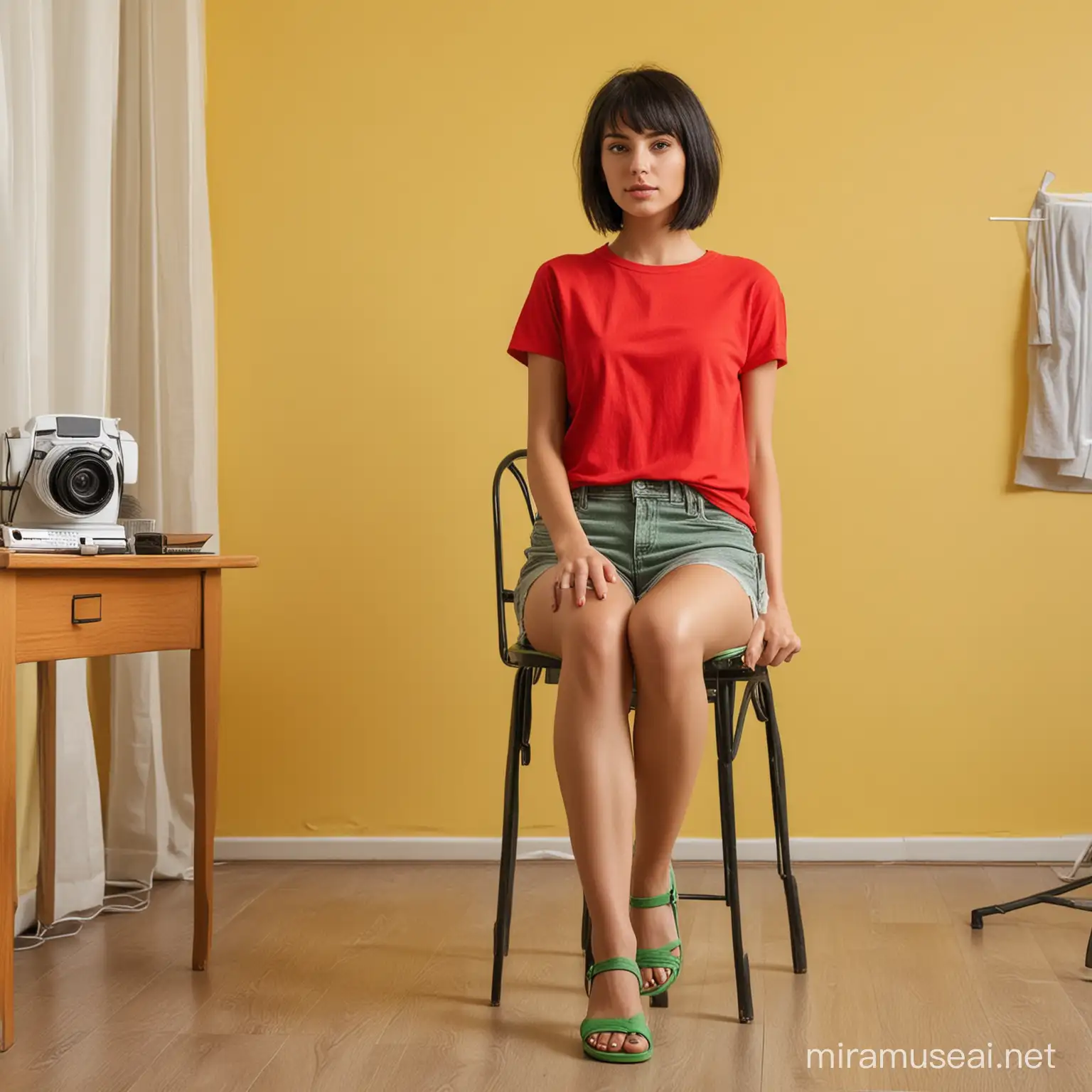 Elegant Woman in Red TShirt Posing on Office Chair at Dawn