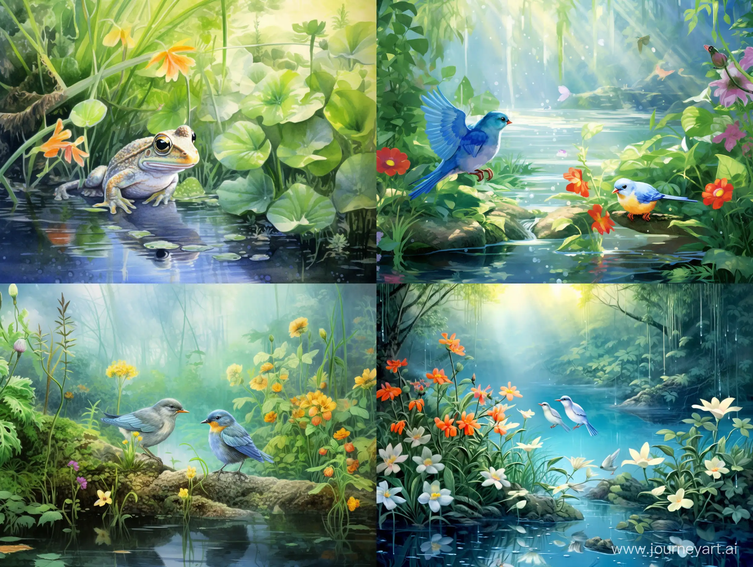 Enchanting-Watercolor-Scene-Delicate-Birds-in-Sunlit-Puddle-Amidst-Lush-Greenery