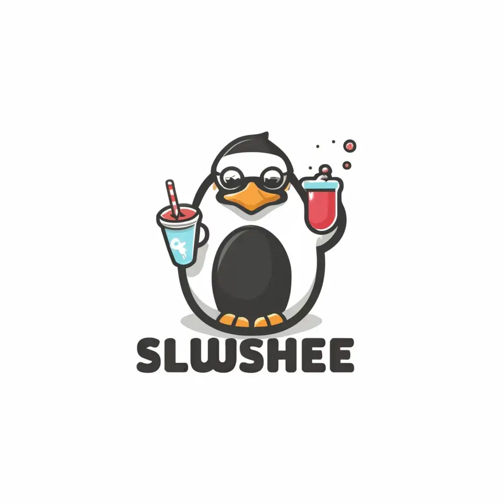 a logo design,with the text "slush", main symbol:cool penguin with glasses holding a slush drink in hand captioned Slushee,Minimalistic,clear background