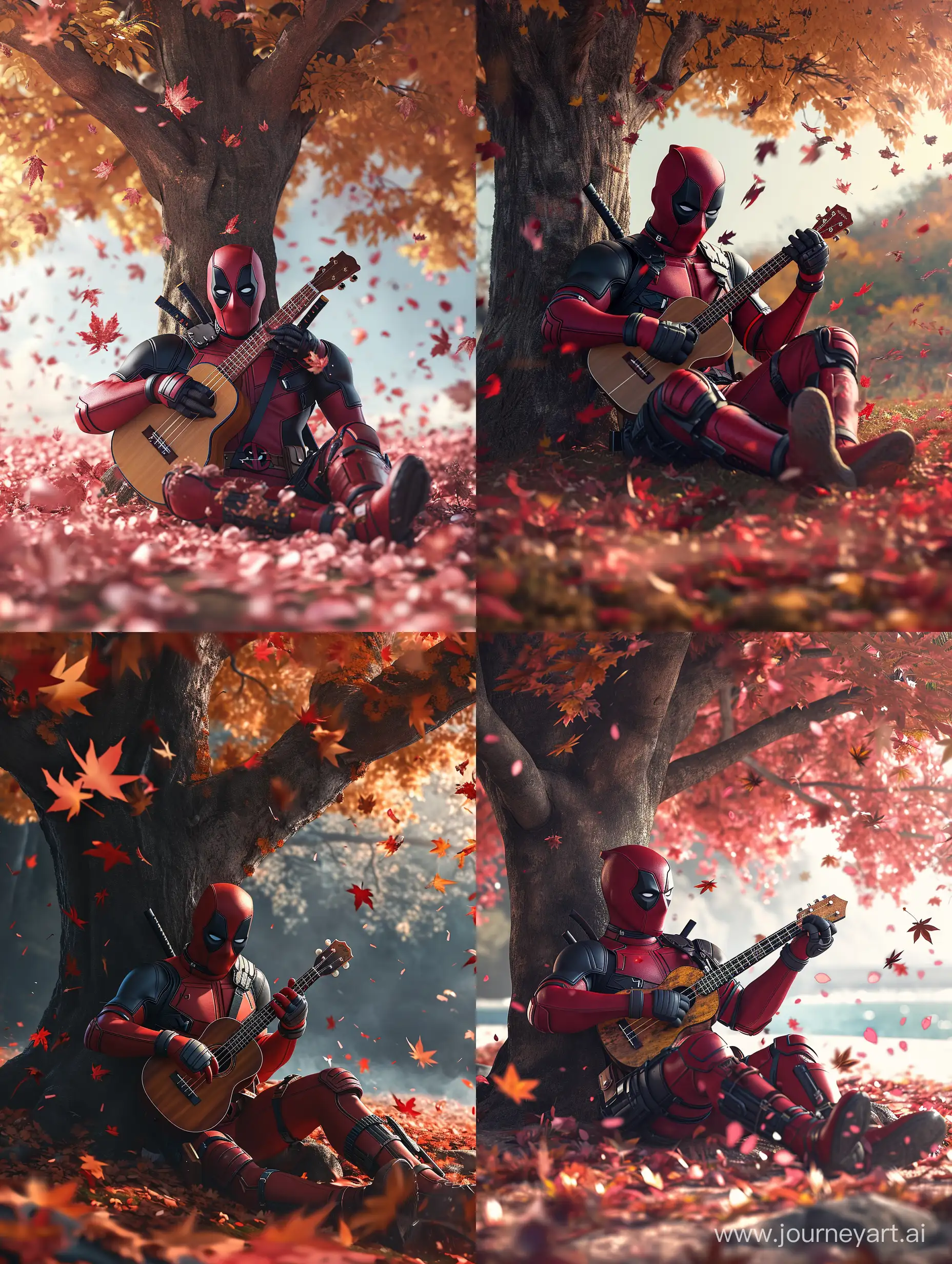 Deadpool sits under a tree and plays his ukulele, Sakura leaves are falling, cute, photorealistic, ultra-detailed, 4k