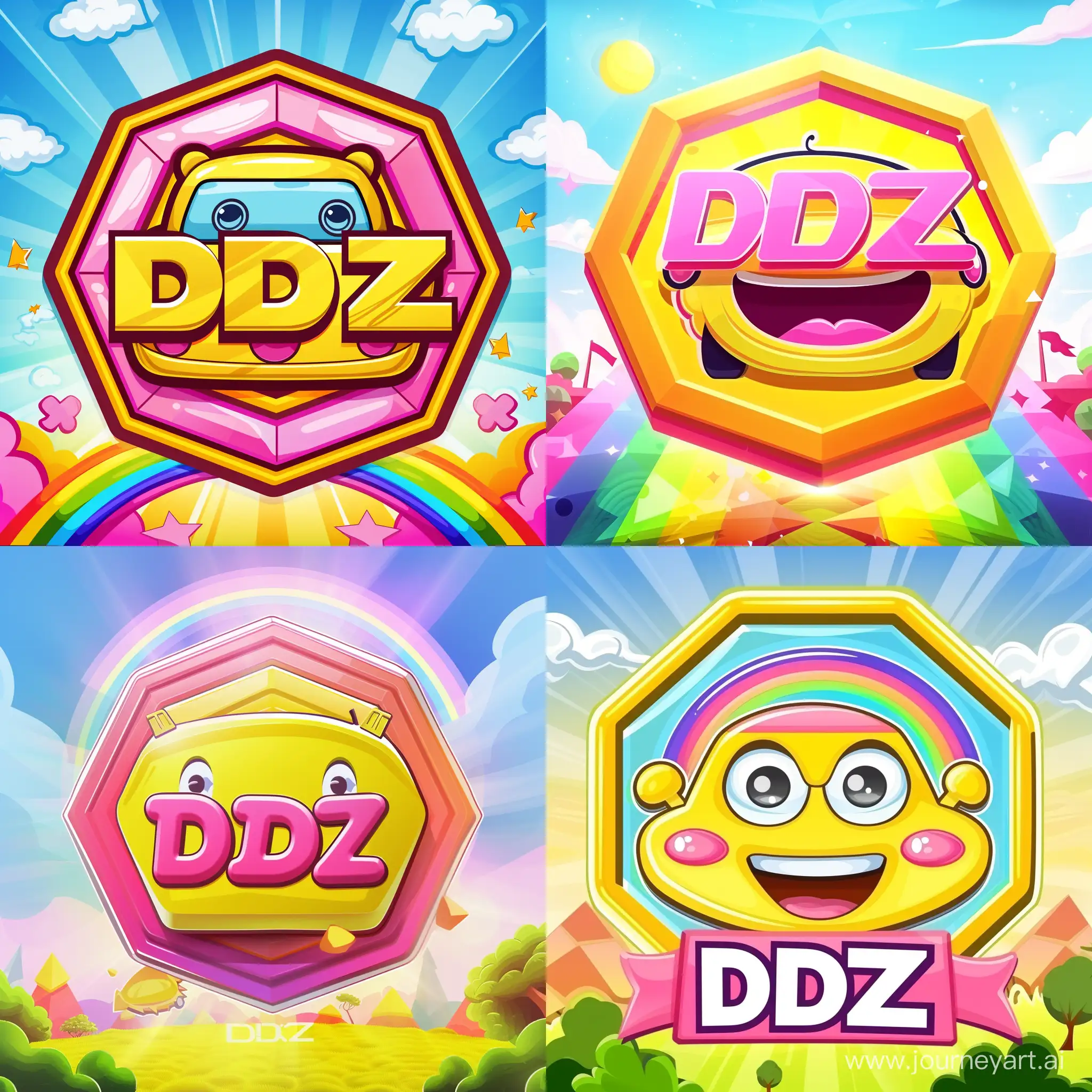 cute car race logo, octagon shape, main color yellow and pink, rainbow,  tag DDZ, funny and sunny background