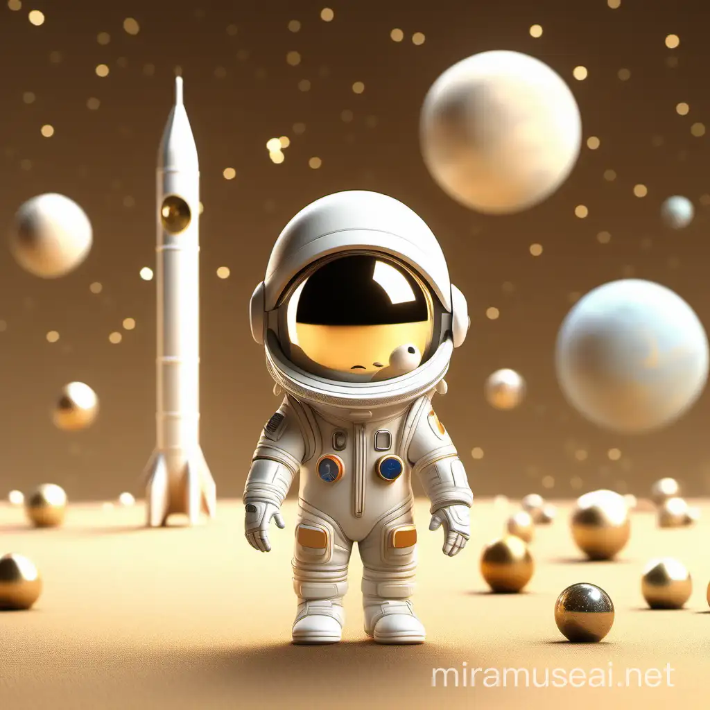 3D rendering, C4D, cartoon style, white and beige colors, A tiny astronaut stands next to the rocket in space with planets around him, light gold background, soft natural lighting, simple chibi style, blind box art, C4D renderings, Blender, high detail, super detailed, high resolution --ar 3:4