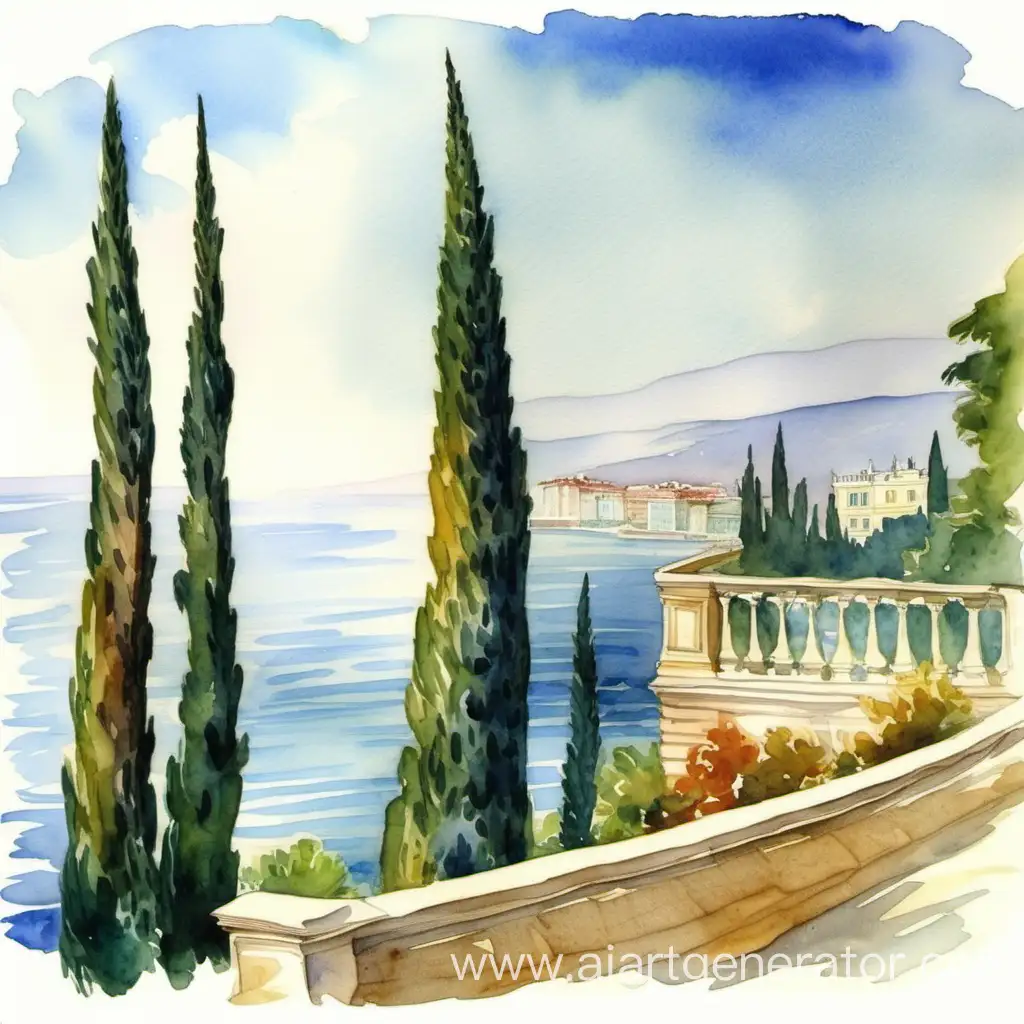 Serene-Watercolor-Painting-of-Crimean-Landscape-with-Cypresses-and-Yalta-Palace-by-the-Sea