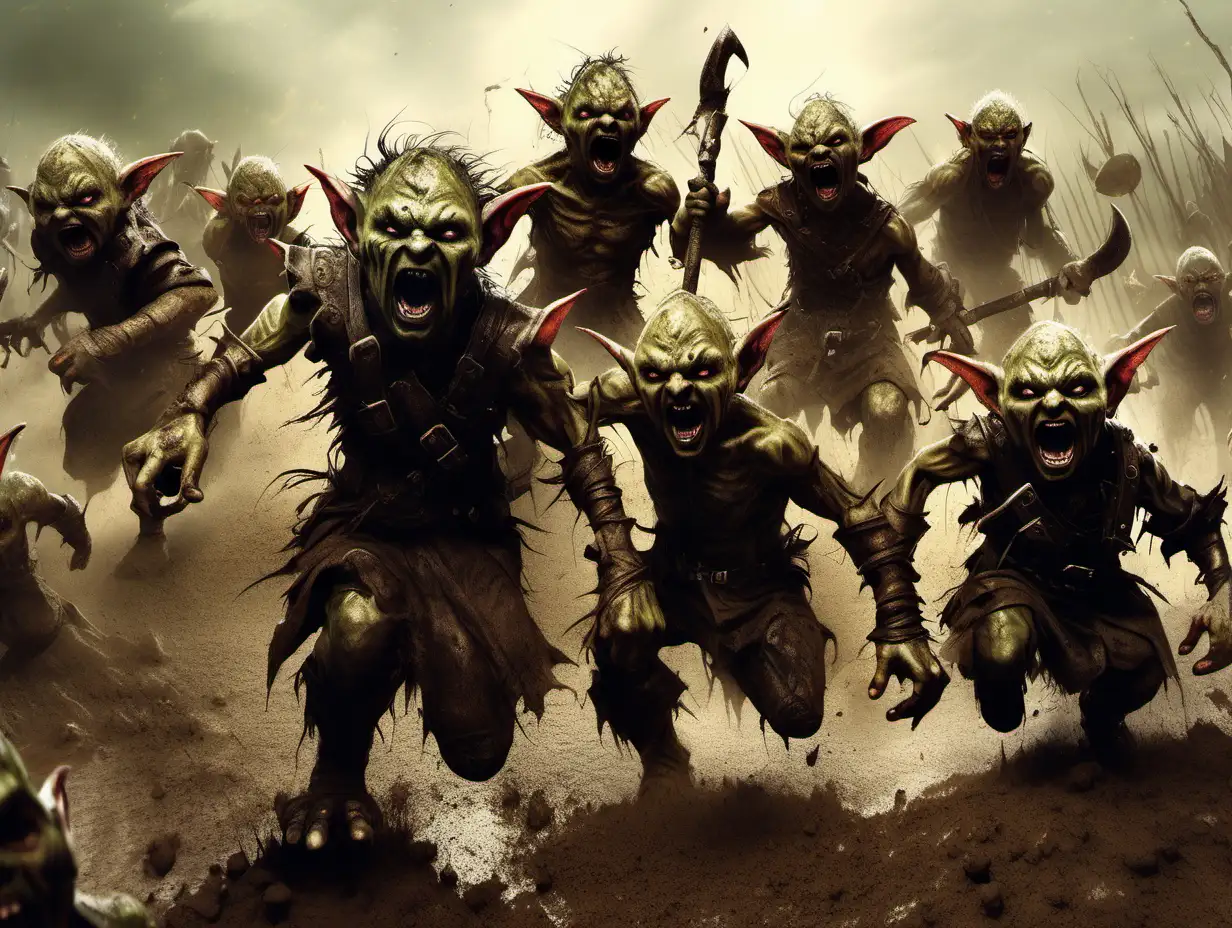 group of armed chaotic raging running young goblin berserkers yelling fantasy art muddy field