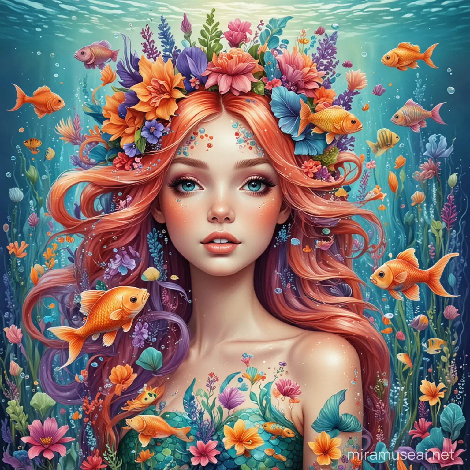 Whimsical Mermaid Surrounded by Vibrant Fish and Floral Adornments