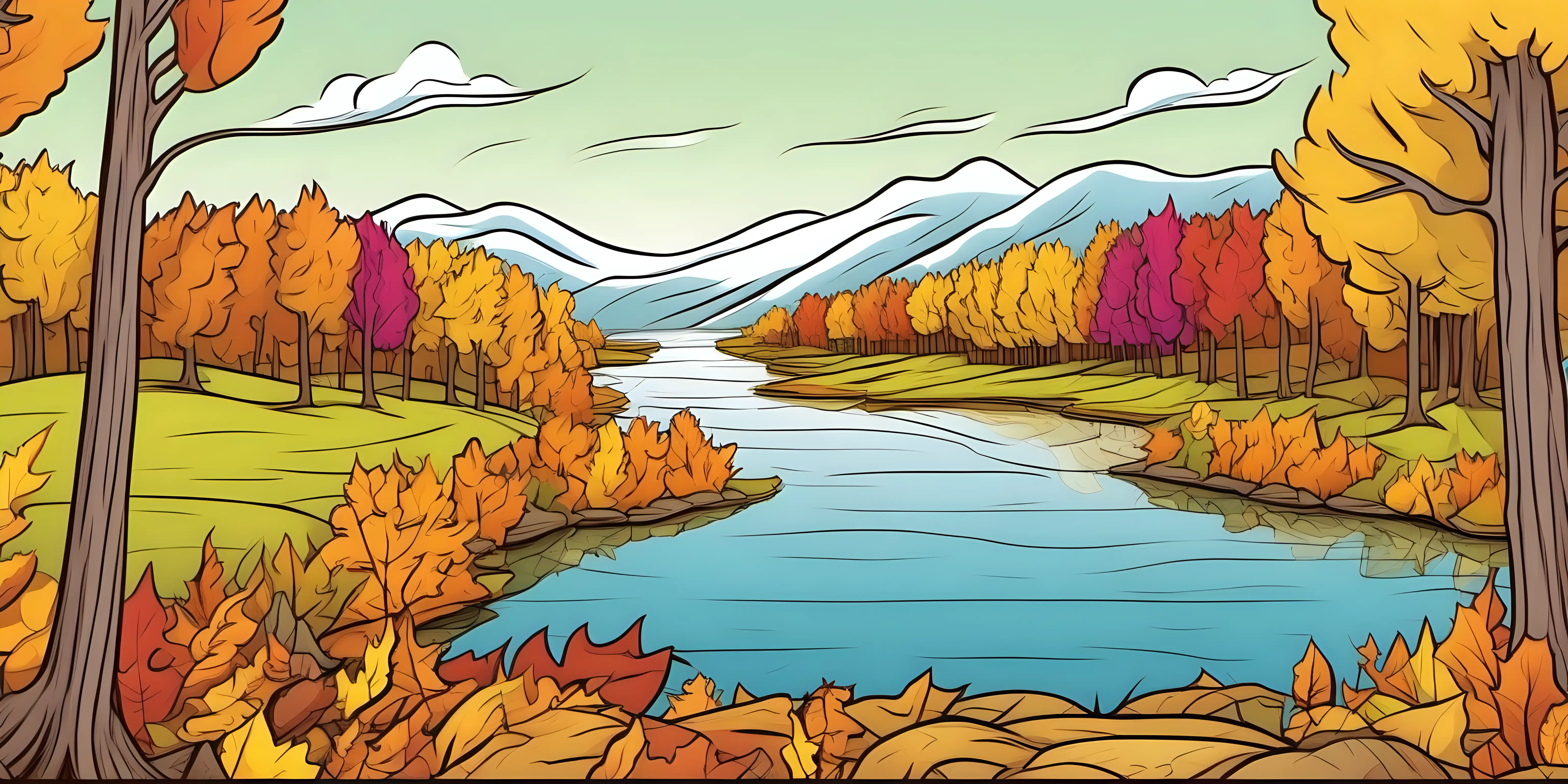 colorful cartoon of a long narrow lake in the fall