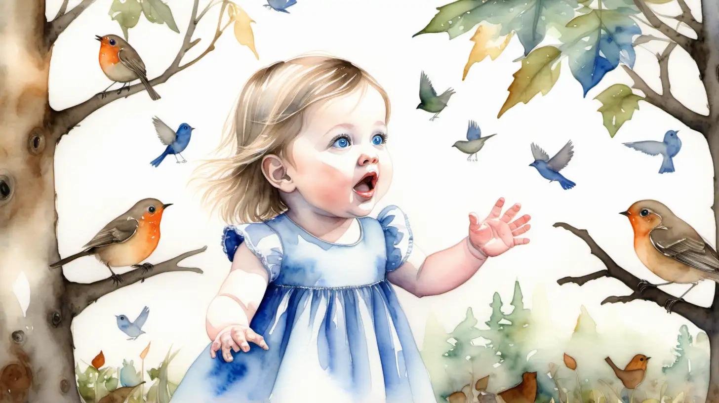 A watercolour fairytale painting of a 1 yr old baby girl with darkblond hair and blue eyes in a  wood looking at robins singing in a tree
