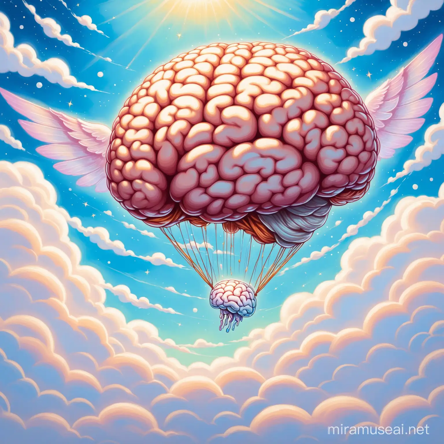 Flying Brain on Cloud Whimsical Surreal Artwork Depicting Cognitive Exploration