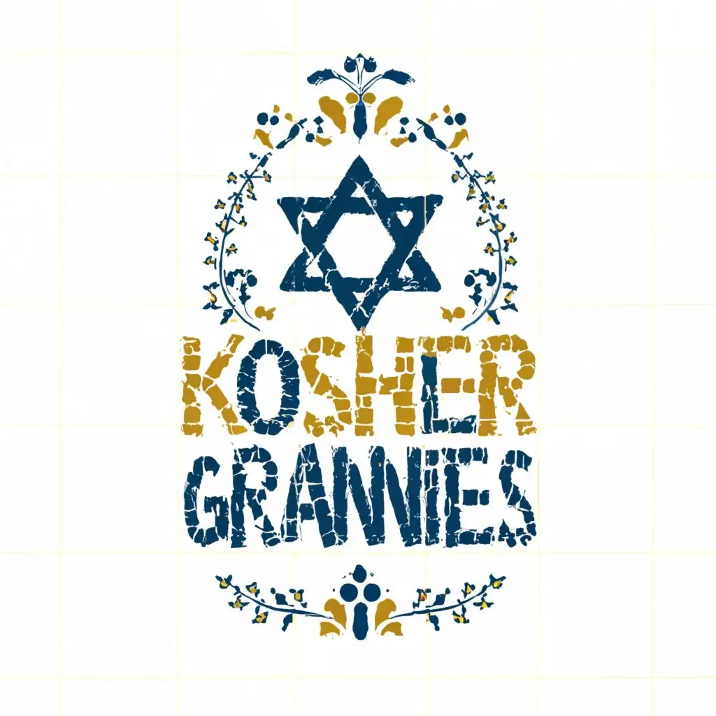 logo, Israel, Yellow, Blue, White, Joan Miro, on tile portugal style, with the text "Kosher Grannies", typography