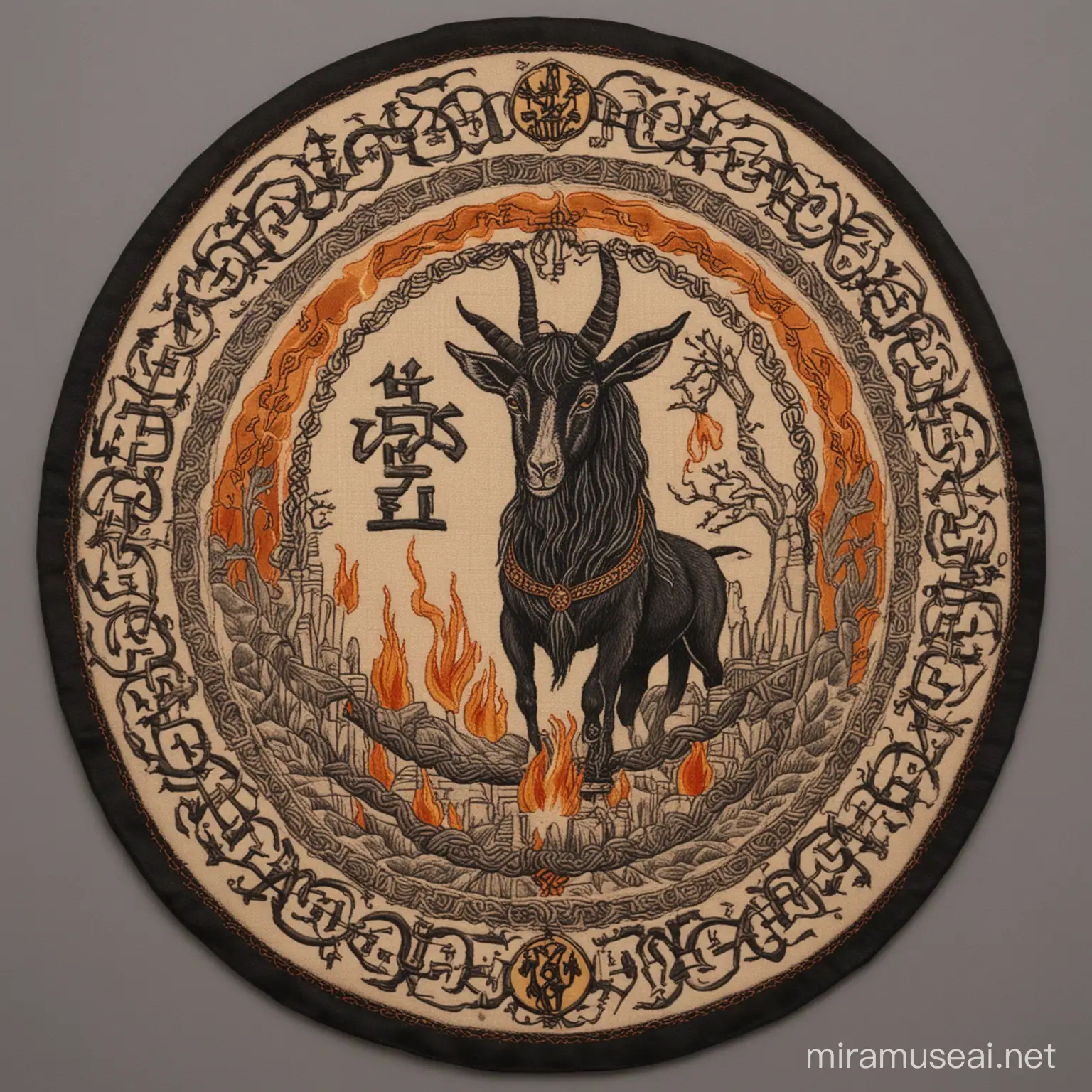 large oval embroidered patch depicting a robed figure with the head of a goat in the center, hovering over a fire made of snakes, ancient runes on either side, a skeletal horse in an arch above, the tattoo markings on the witch of ages, worn and aged, coarse, black thread, canvas backing
