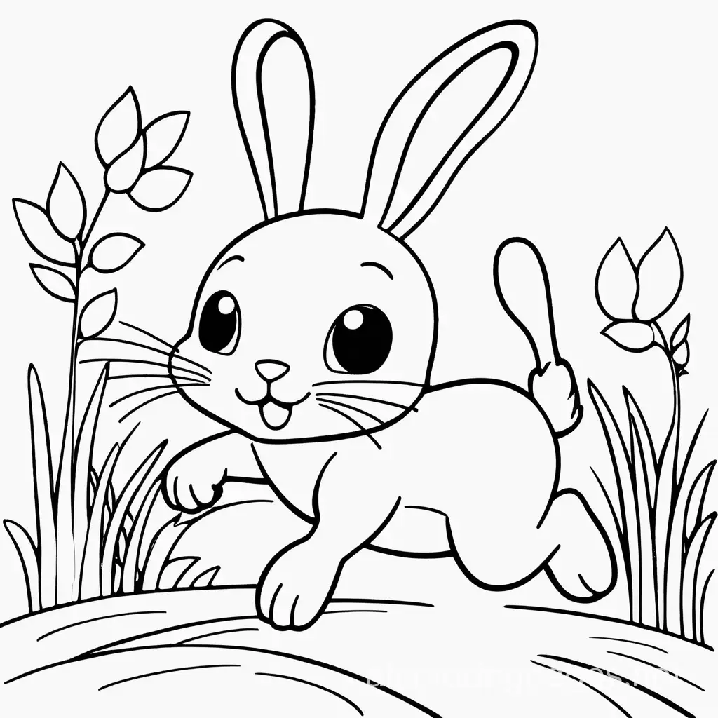 Create a coloring page of rabbit running away, Coloring Page, black and white, line art, white background, Simplicity, Ample White Space. The background of the coloring page is plain white to make it easy for young children to color within the lines. The outlines of all the subjects are easy to distinguish, making it simple for kids to color without too much difficulty