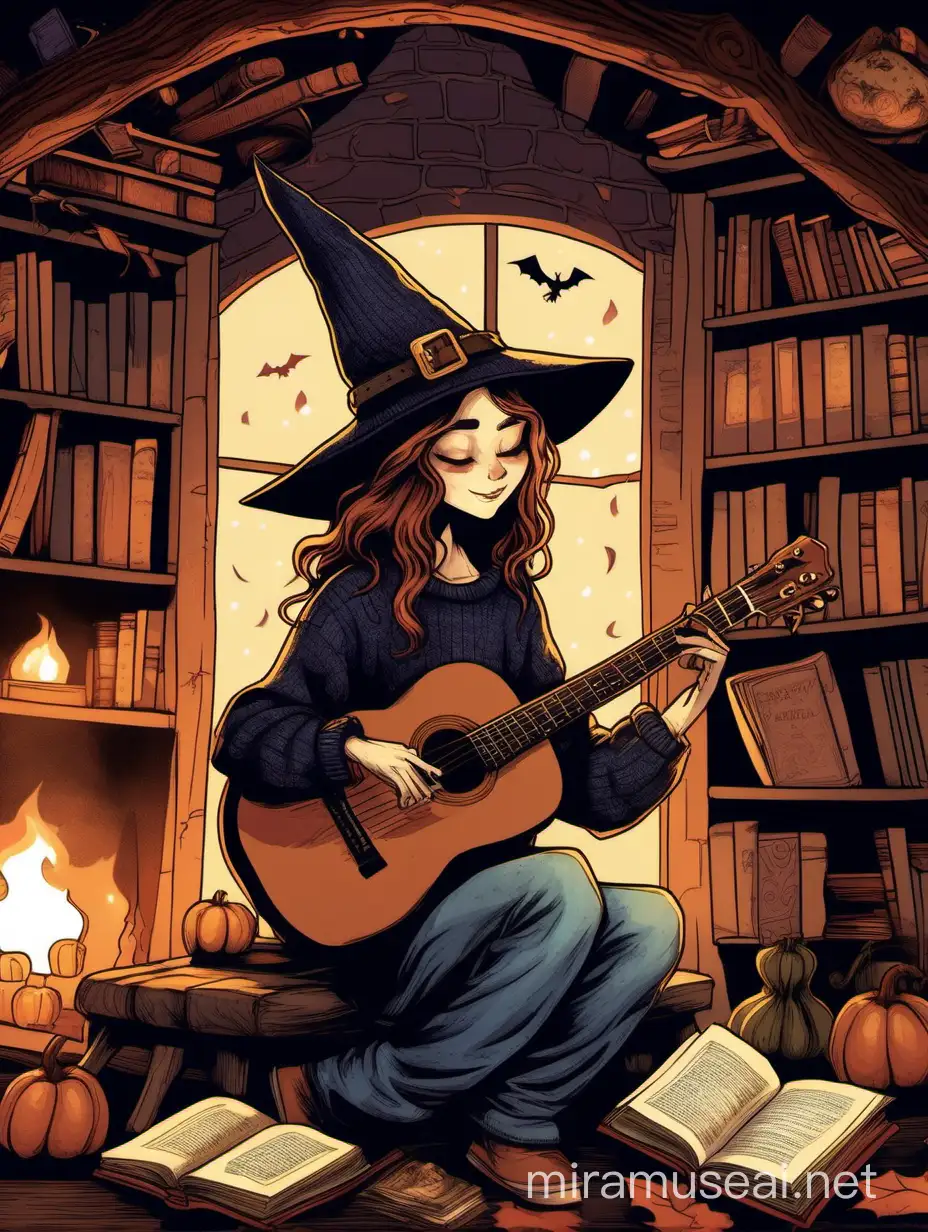 A captivating illustration of a witch wearing a casual outfit while playing a full-sized acoustic guitar. He has a gentle smile on his face and wears a cozy sweater with a pair of jeans. In the background, there's a bookshelf filled with ancient tomes and a warm, inviting fireplace. The overall atmosphere is cozy and nostalgic, with a magical touch to it.



