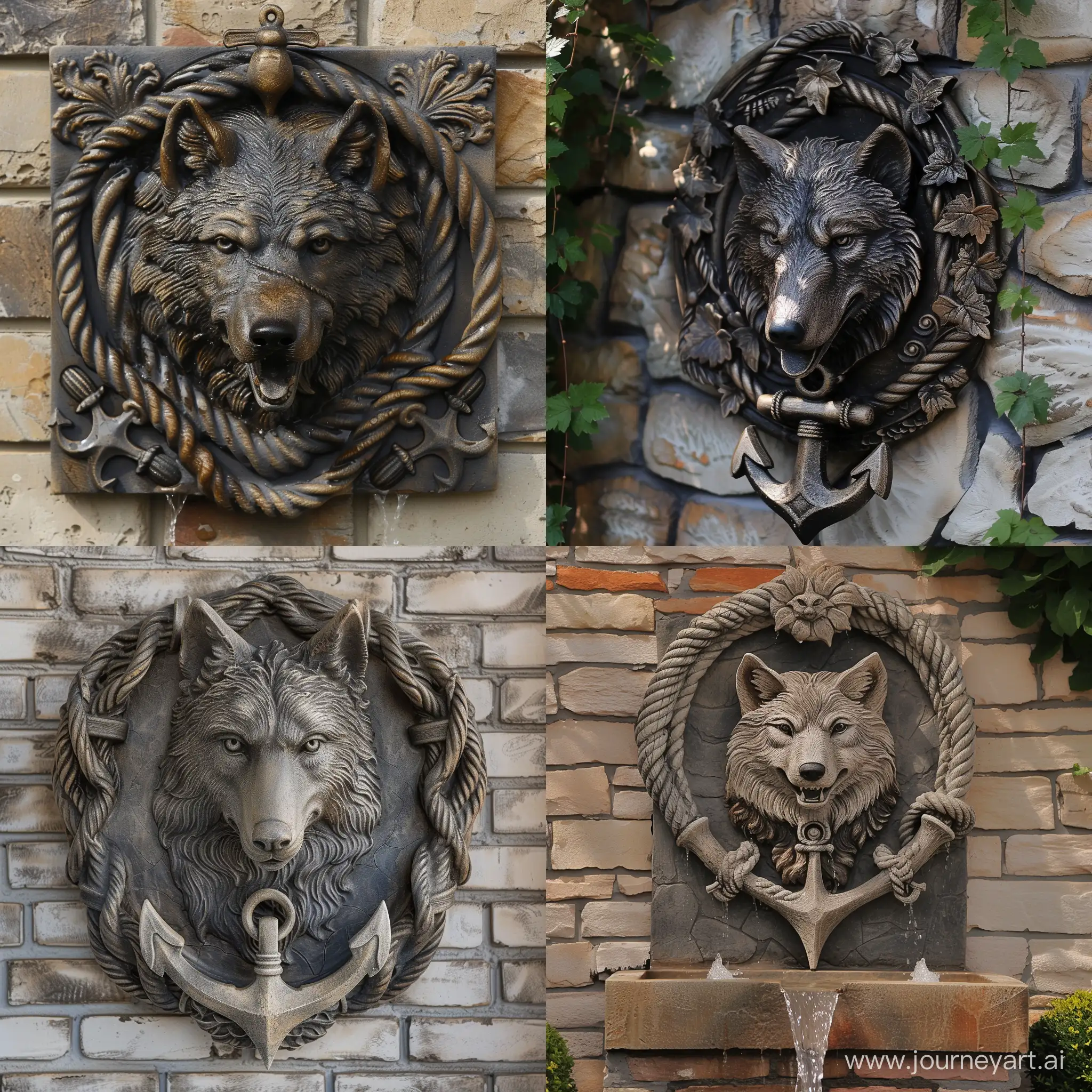 Majestic-Wolf-at-Rococo-Style-Wall-Fountain-with-Anchored-Rope