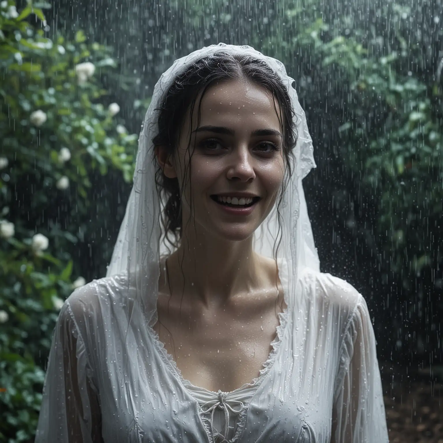 horror creepy gaunt pale ghost woman in white virgin dress, she is smiling, she is in the rain in the garden, cinematic, dark, horror movie
