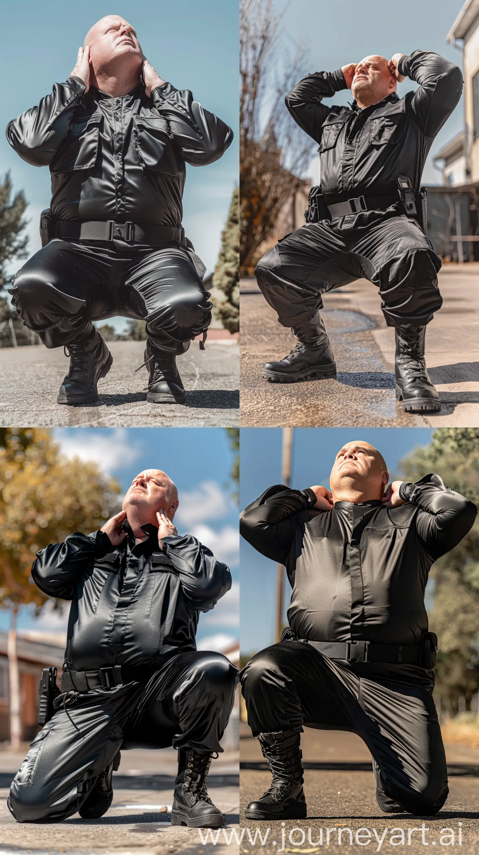 Close-up chest-level photo of a serious fat man aged 60 wearing a silk black security guard skinny-fitted full coverall tucked in black tactical boots. Black tactical belt. Outside. On his knees looking at the sky, hands on his nape. Bald. Clean Shaven. Natural light. --style raw --ar 9:16