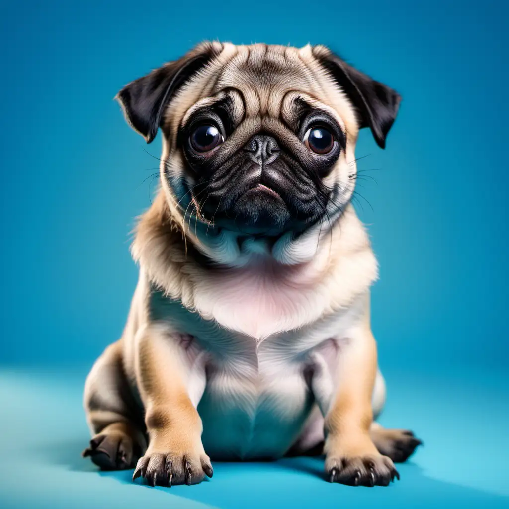 /imagine the Disney Pixar picture style of cute puppy pug sitting on one side, looking straight ahead, with a blue background