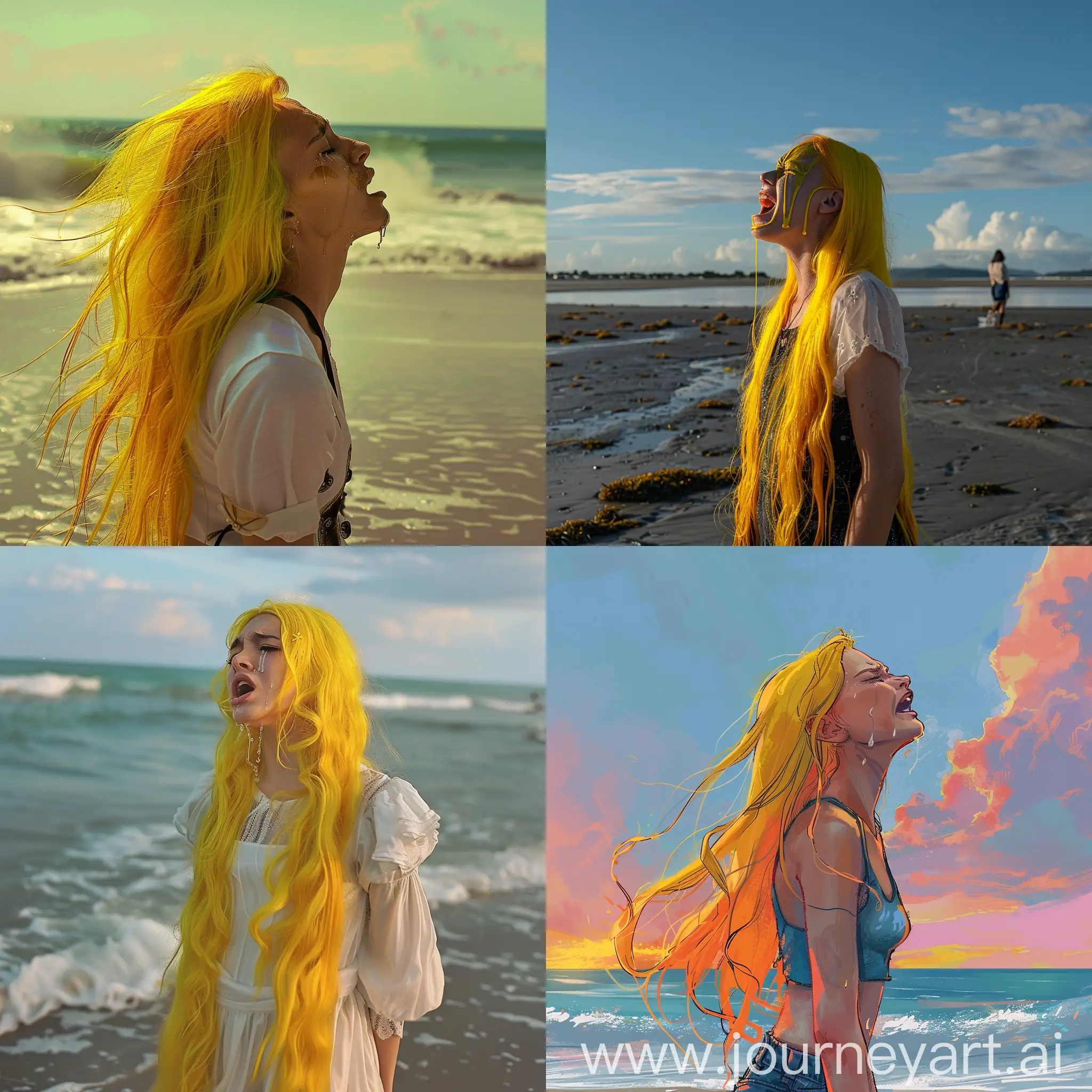 一个女孩，长头发，黄色的头发，站在沙滩上，大哭