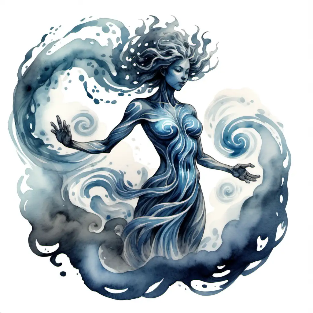 air elemental with body mixed into swirls of air, dark watercolor drawing, no background
