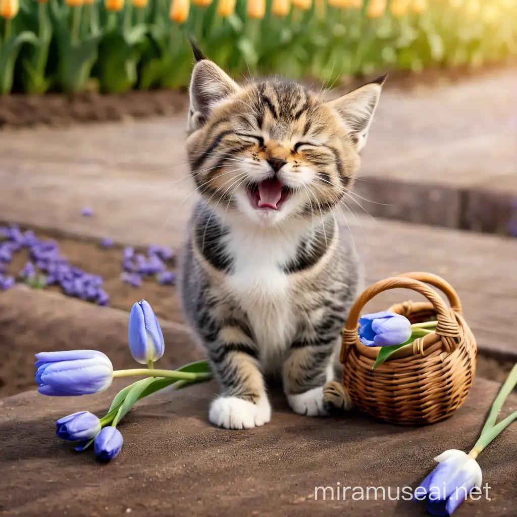Romantic Cat Surrounded by Fragrant Tulips in a Blue Field