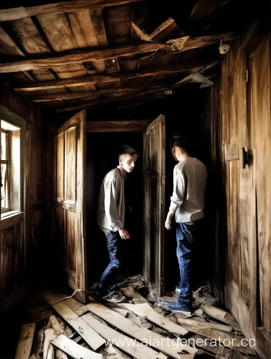 young men are very scared and look around wooden room in the old house