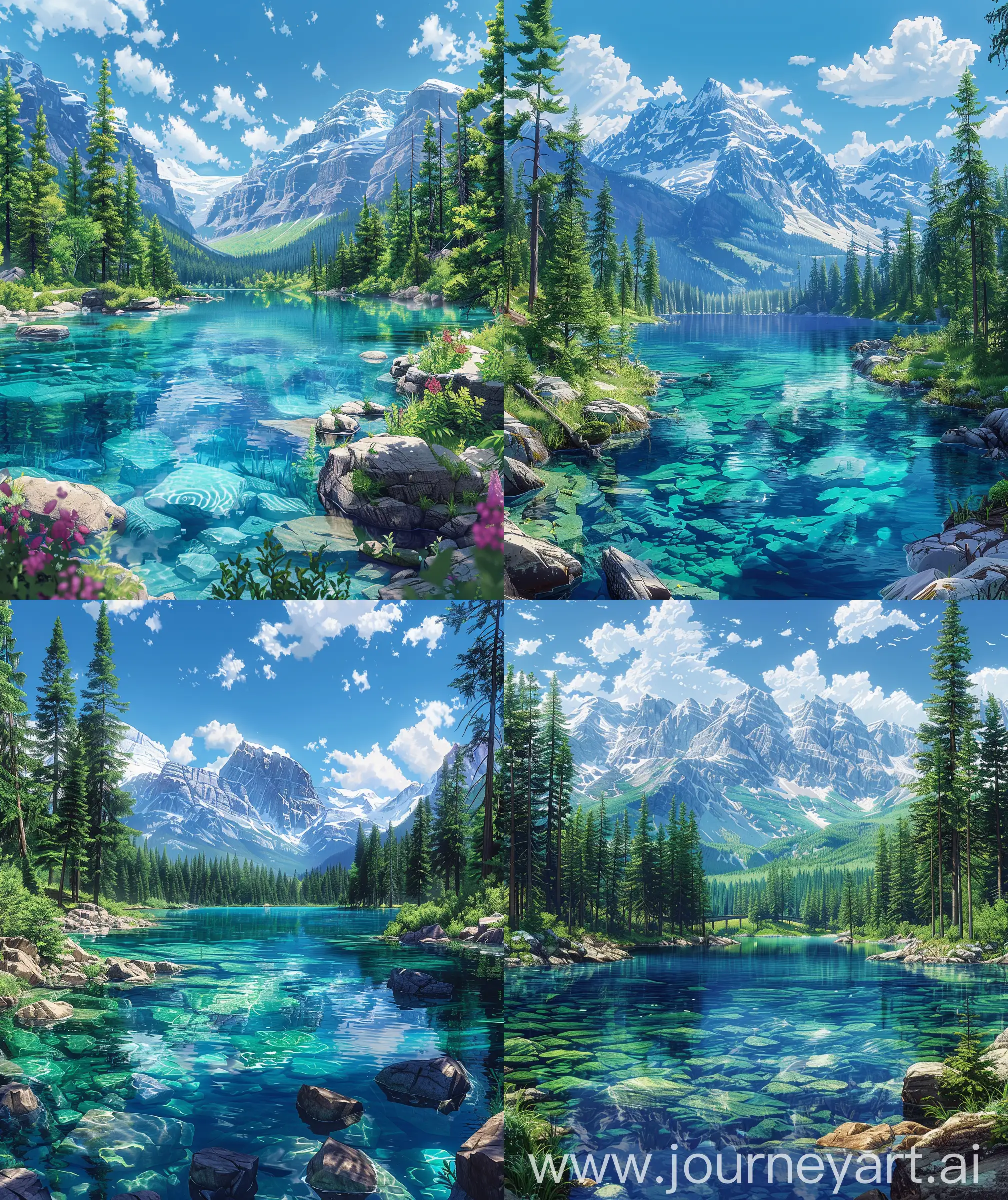 Beautiful anime scenery, lofi anime art , verious beautiful view of jasper national park , Alberta , Cristal clear Lake, forest, icefields parkway, illustration, ultra hd, High quality resolution, no blurry image, no hyperrealistic --ar 27:32 --s 600
