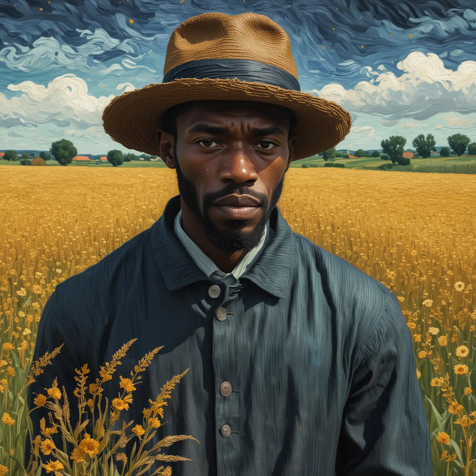 Black Man in a field in the style of Van Gogh 
