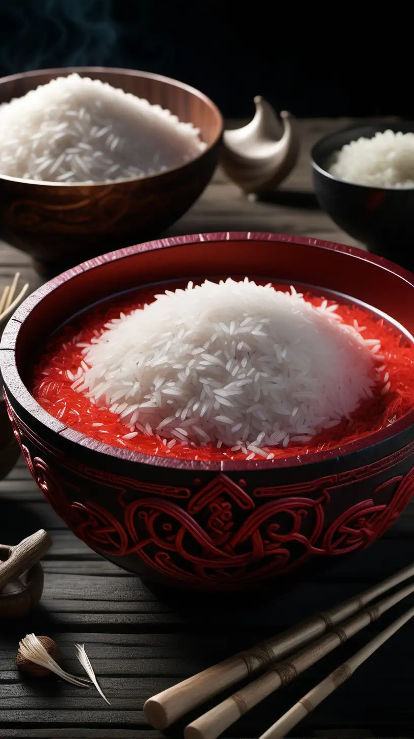 create a hyper-realistic image from the Viking era in which boiled rice red in color kept in a bowl.