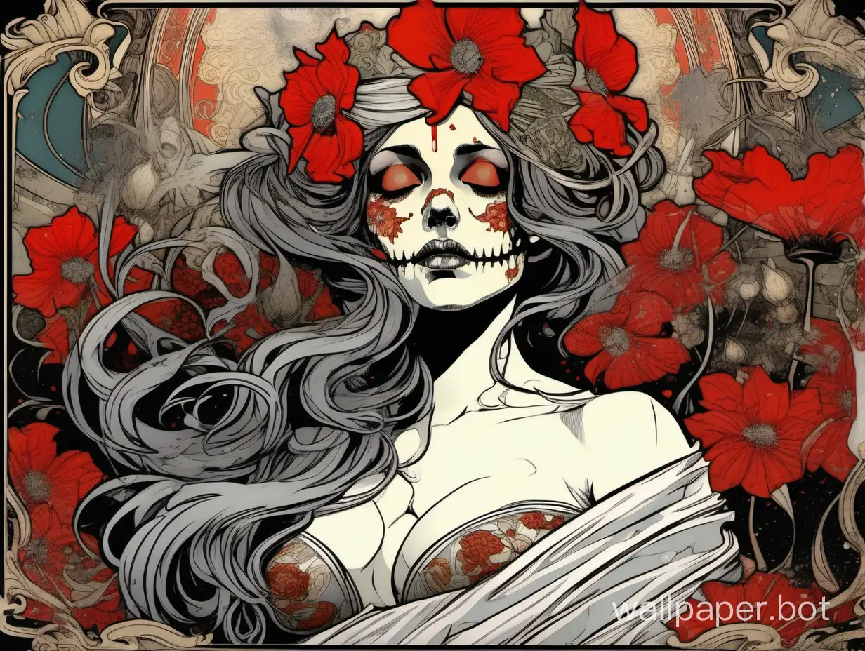 sexy gorgeous odalisque, masterpiece skull face , closed eyes, assimetrical, alphonse mucha poster, explosive wild flowers dripping paint, comic book, high textured paper, hiperdetailed lineart , dark water , red, black, gray, white sticker art