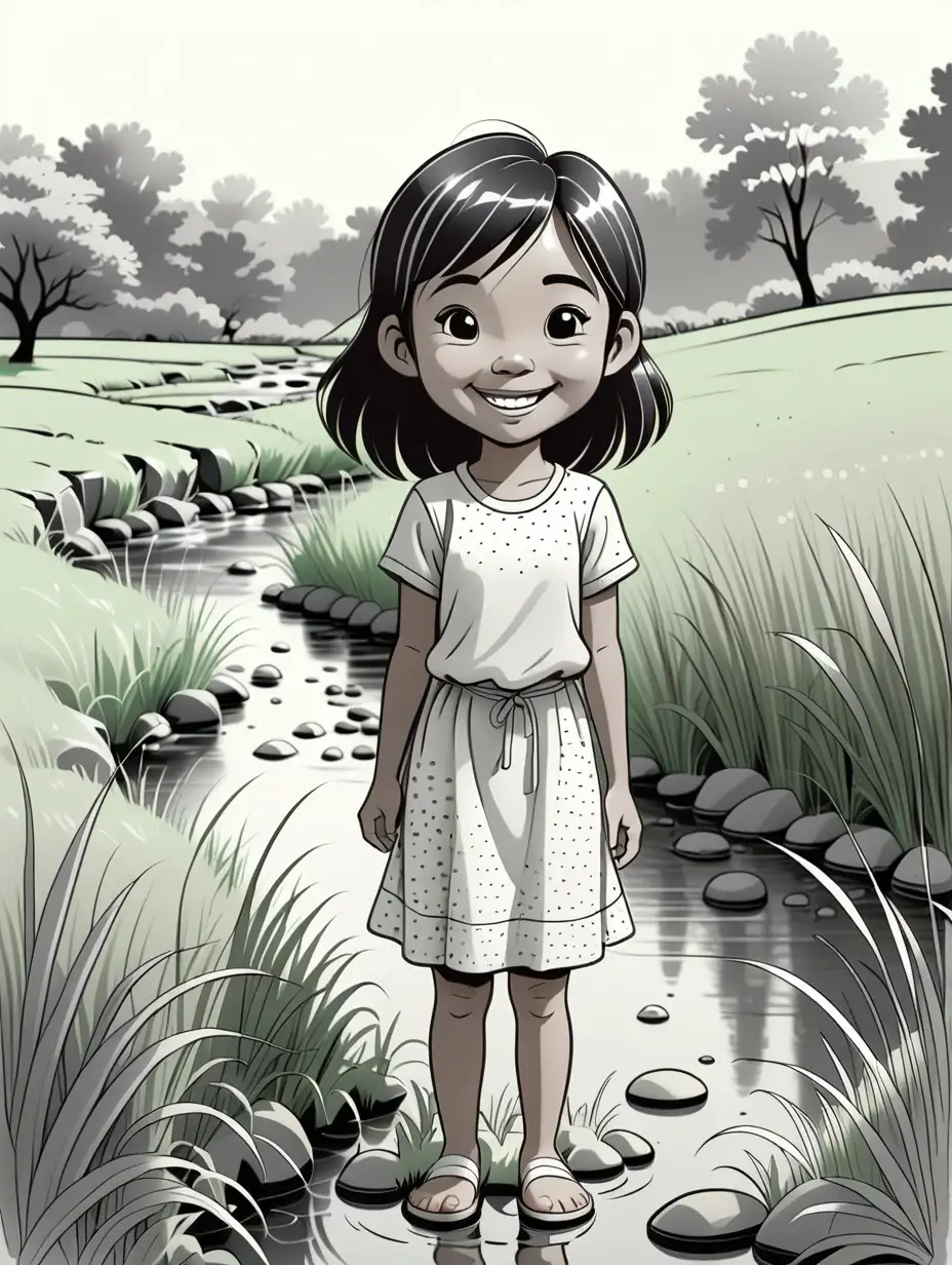 simple line drawing of smiling asian girl standing by brook in a grassy field. in the style of children’s coloring book. black ink lines on white paper. 

Negative: greyscale. shading. color. texture. grey. dots. noise. tint.