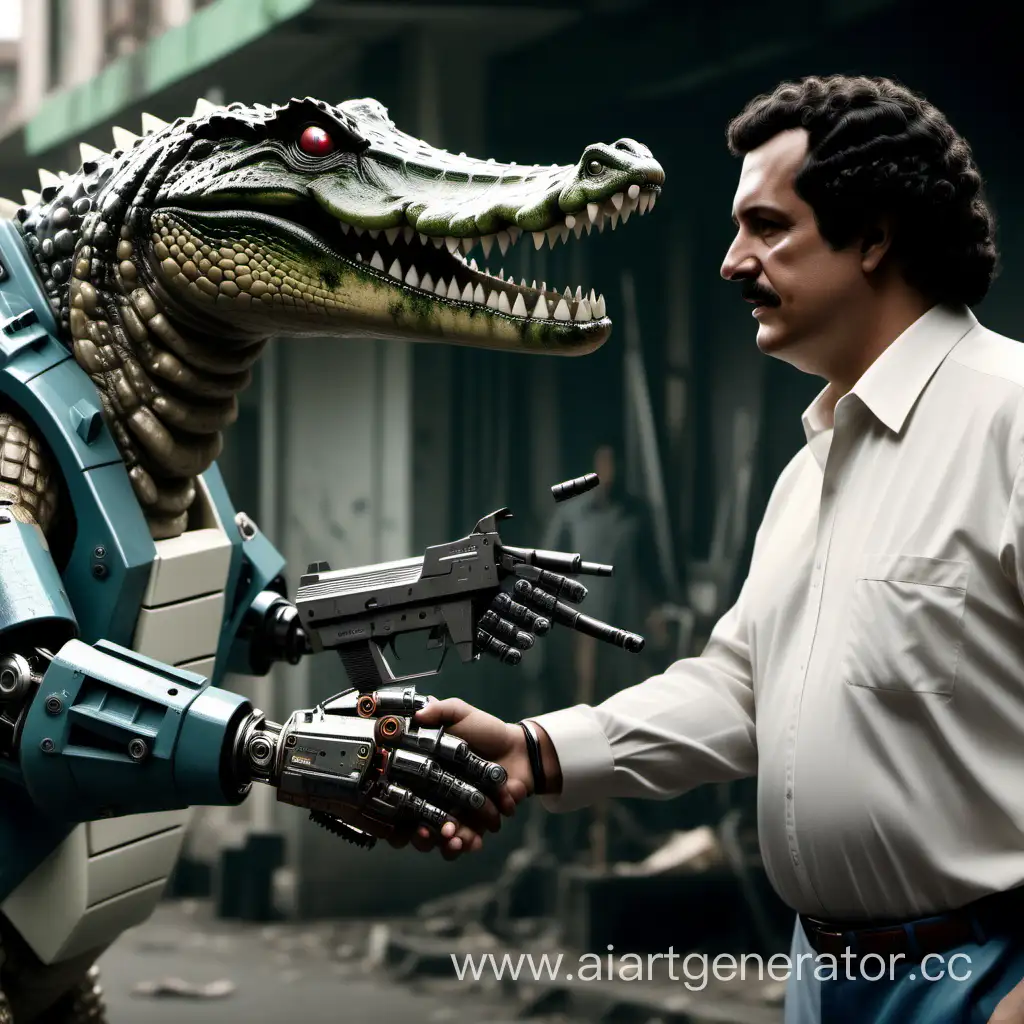 Реалистичный робот крокодил с прической как у Пабло Эскобаро жмет руку человеку после взаимовыгодной сделки, на фоне стрельбы
