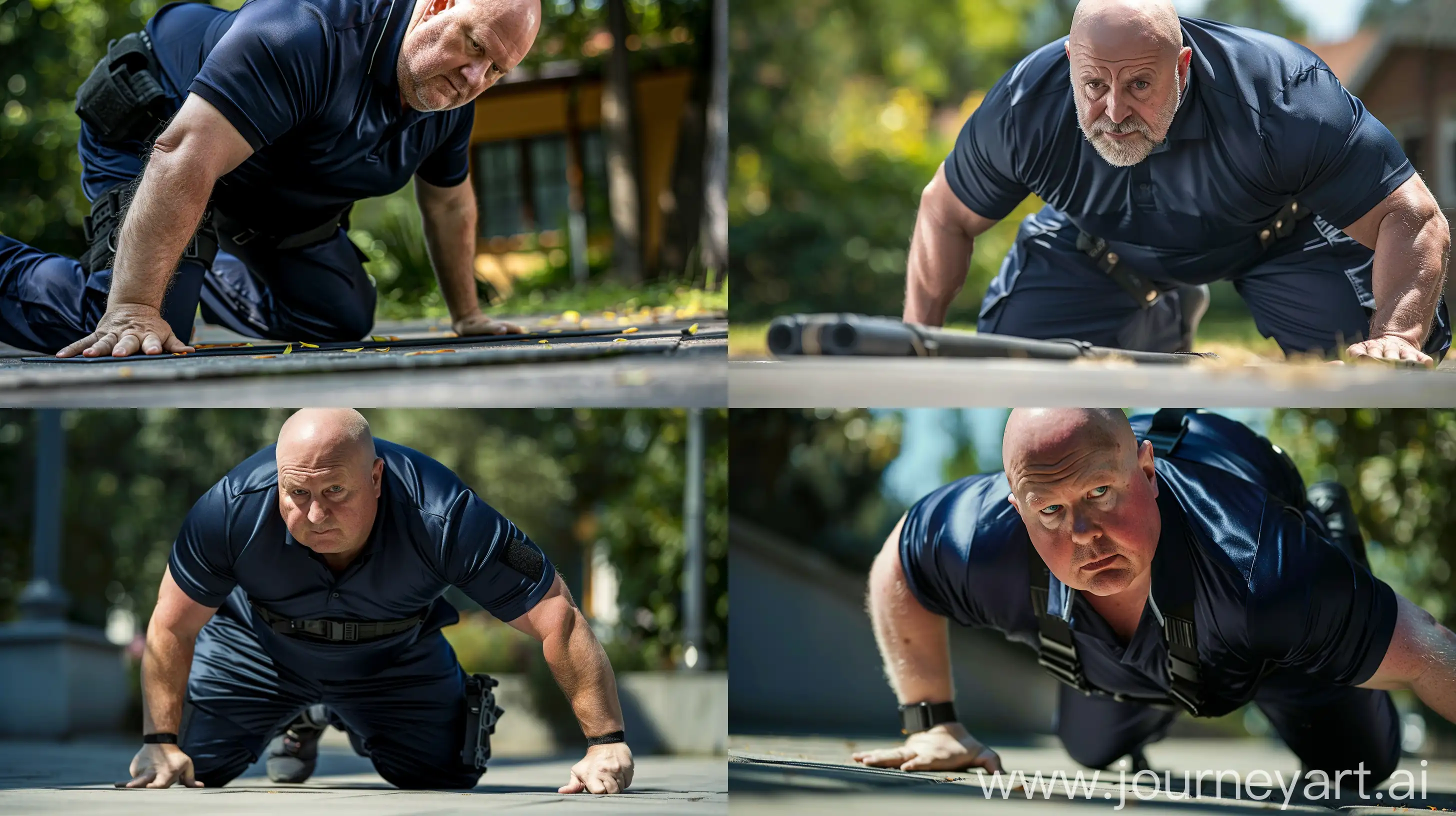 Close-up photo of a fat man aged 60 wearing a silk navy slim-fitted battle pants and a tucked in silk navy sport polo. Black tactical belt. Doing planks on the ground. Outside. Bald. Clean Shaven. Natural light. --style raw --ar 16:9