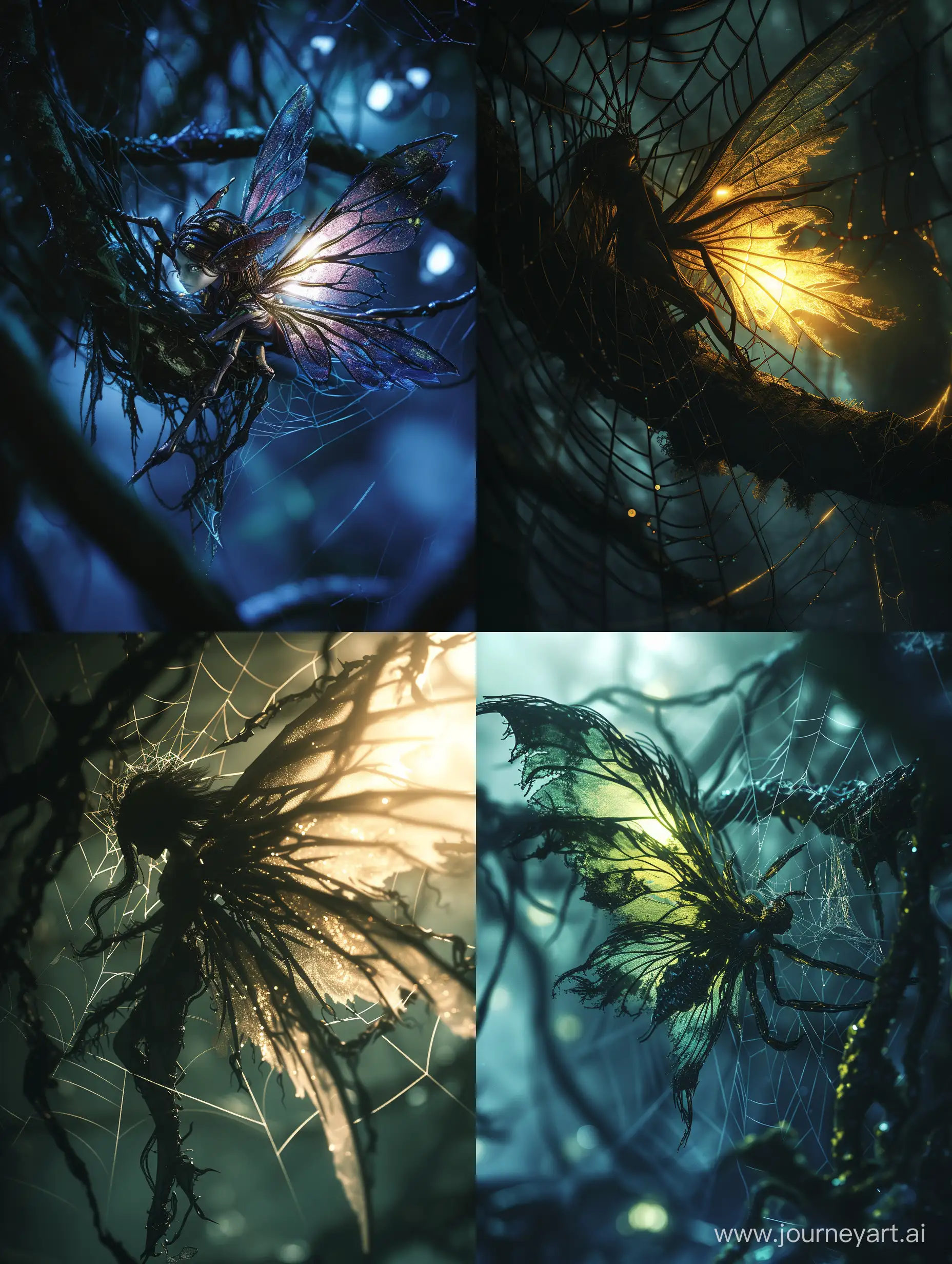 Wide angle of a dim luminous fairy caught in a spiderweb
lol, front illumination only, tattered wings, fantasy illustration,2.5D, 16k resolution photorealistic, a masterpiece, breathtaking intricate details, reflective catchlights, high quality Pl