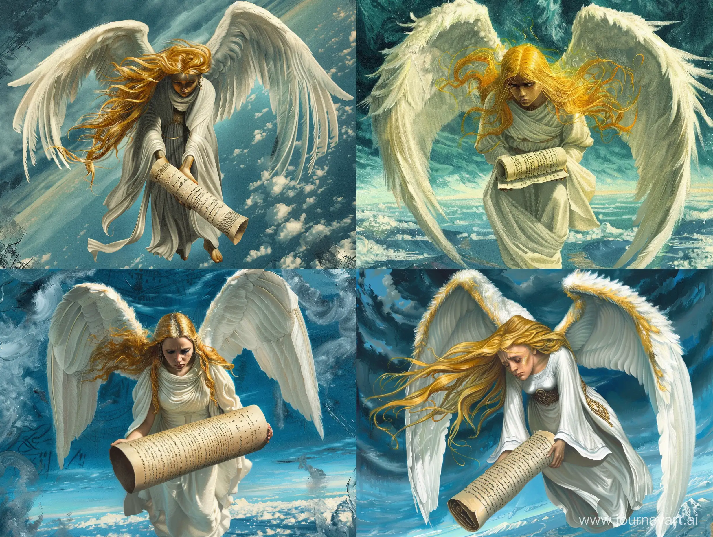 set in mythology surreal sad angel with long gold hair long white wings wearing long white robe carrying ancient parchment roll floating in the air staring down at the earth with very sad eyes ethereal sky oil painting Image