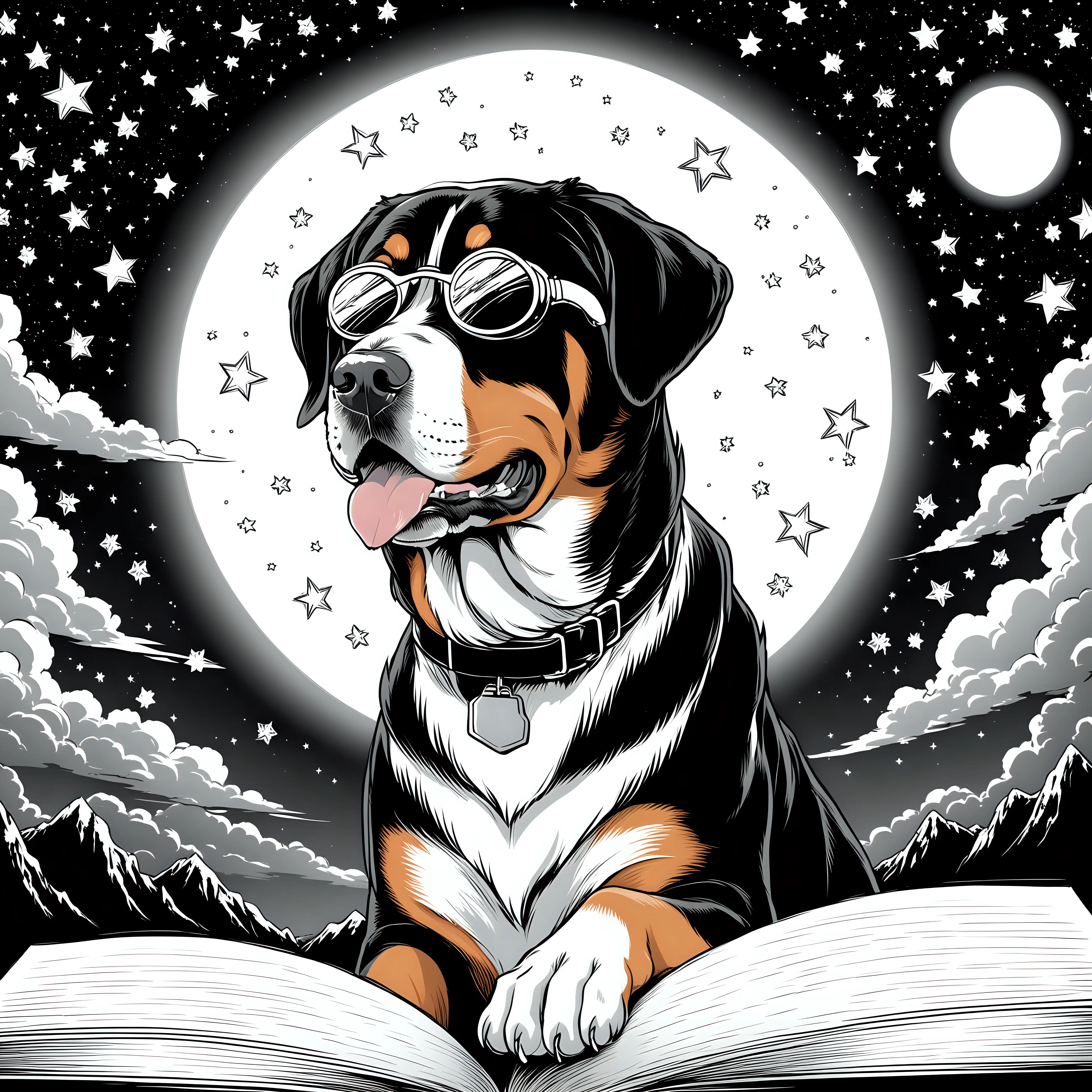 Greater swiss mountain dog,  wearing eclipse glasses, looking at the sun, black and white, no color, coloring book page, dramatic background,  stars