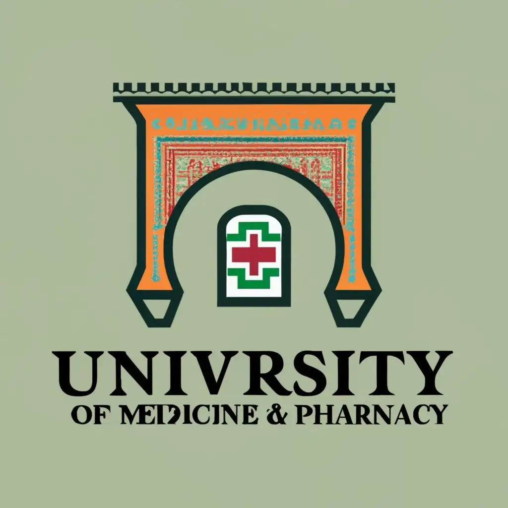 logo medical symbol, it's a university of medicine and pharmacy and Moroccan door, with the text "University of Medicine and Pharmacy", typography, be used in Medical Dental industry with medical symbol