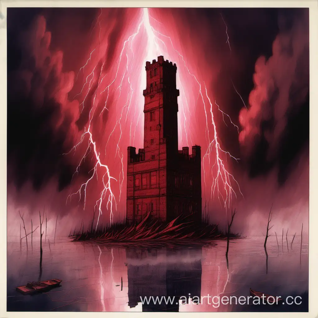 кроваво-красные тучи, молнии, разрушающаяся башня из кирпича посреди озера, туман