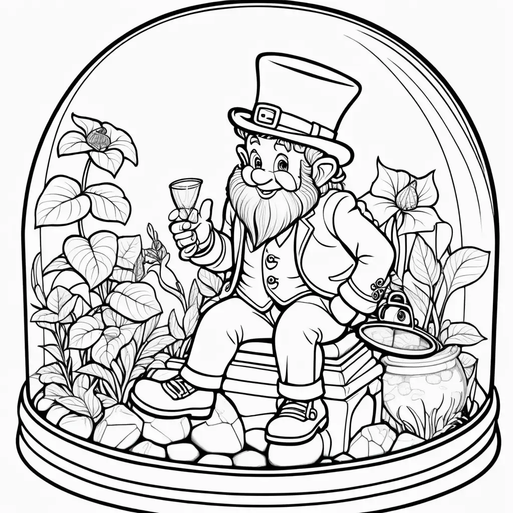 Leprechaun in terrarium 

 inside, coloring book, back and white, no gray scale, clear, -- ar 9:11