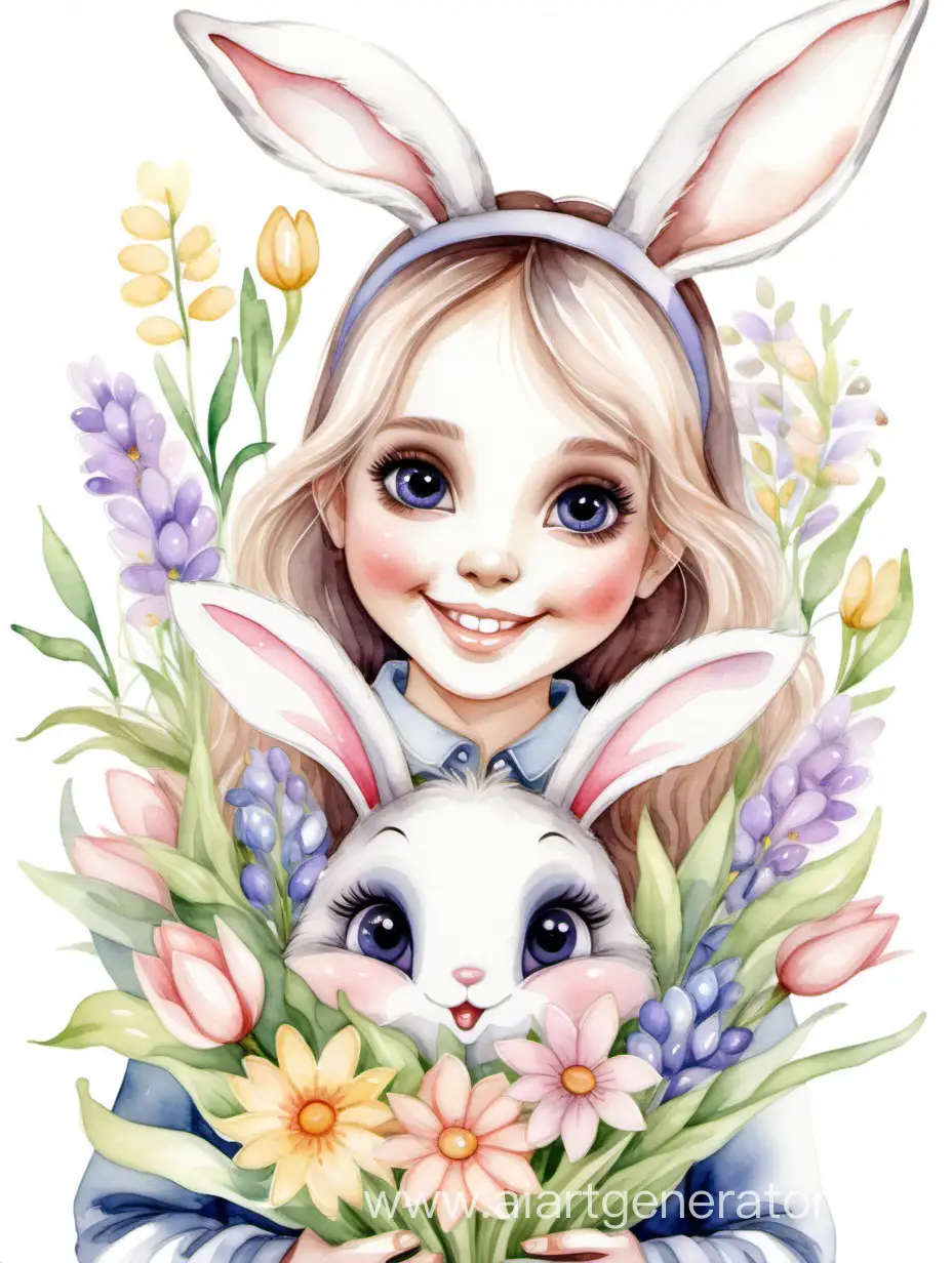 Пасхальная зайка девочка, большие красивые глаза, улыбка, в руках букет весенних цветов. Акварель, нежные цвета, детальная прорисовка, детализация