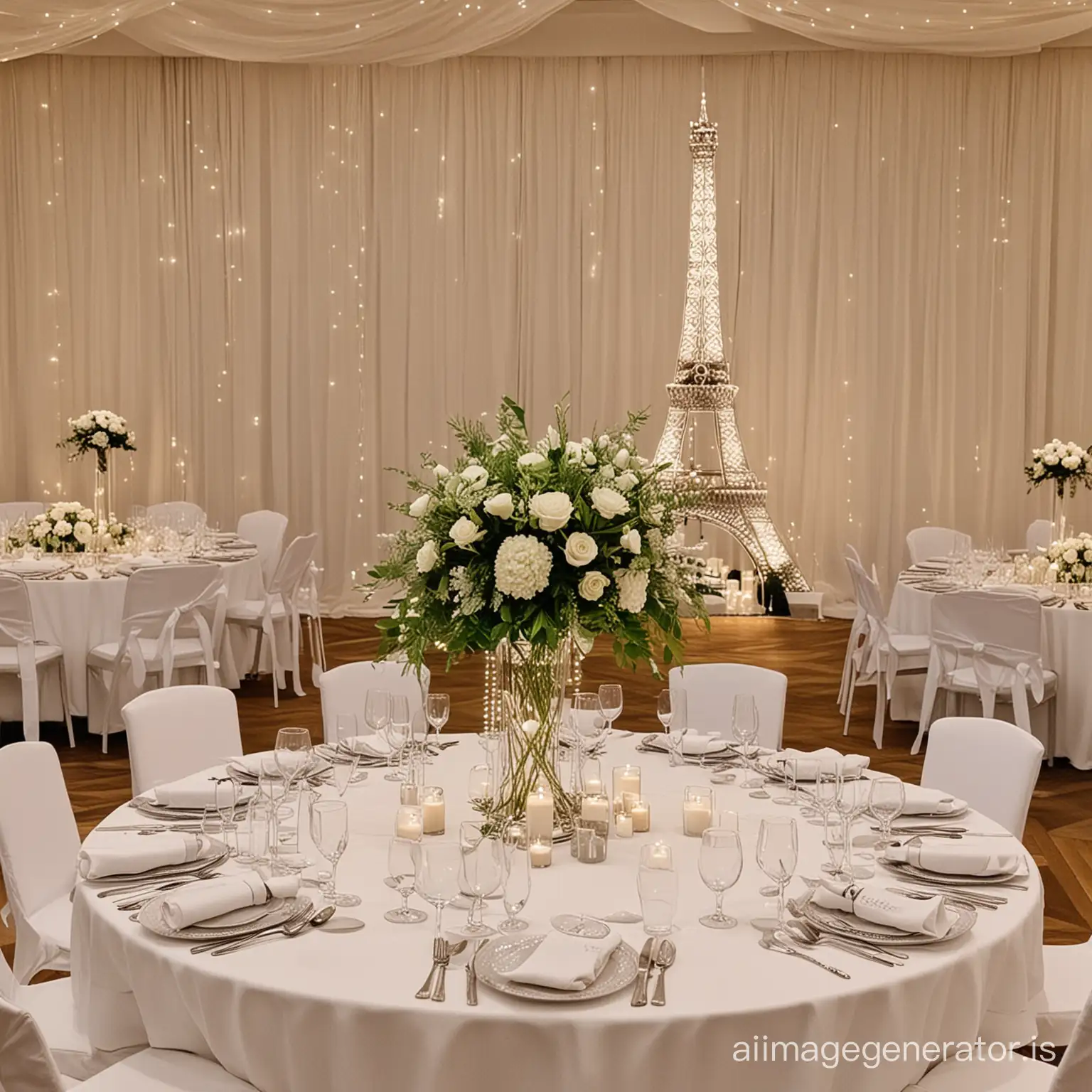 a round wedding table set up with a white tablecloth and a white eiffel tower vase illuminated with fairy lights
