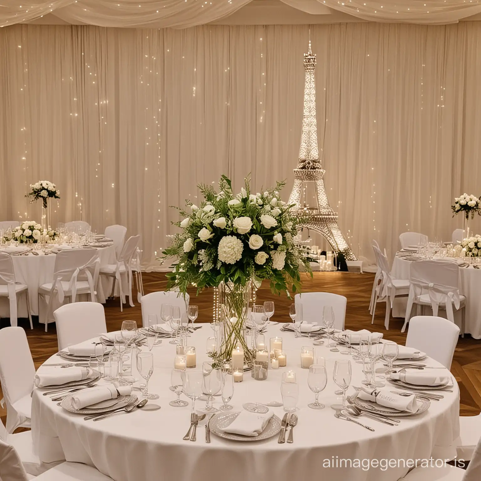 a round wedding table set up with a white tablecloth and a white eiffel tower vase illuminated with fairy lights
