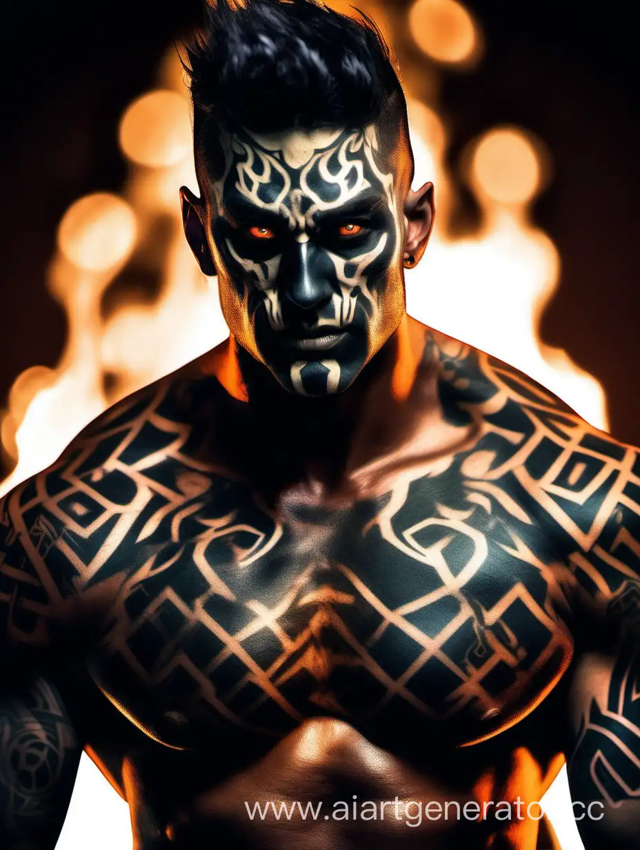  a man with tattoos standing in front of a fire, fit male demon with white horns, beautiful male god of death, muscular male undead cyborg, with black metal face paint, symmetry!! portrait of hades, muscular and terrifying, symmetry!! portrait of cyborg, profile image, goro from mortal kombat, human male demon, handsome japanese demon boy, warrior body, hyperrealistic, real life, soft lighting, detailed eyes, backlight, (bokeh:1.3), cinematic, backlight, detailed background,